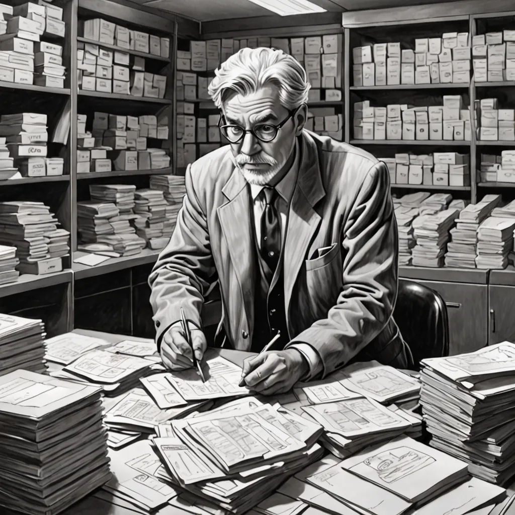 a man sitting at a desk in a library filled with papers and paperwork, with a lot of stacks of papers on the desk, Andrew Loomis, academic art, a colorized photo, matte drawing