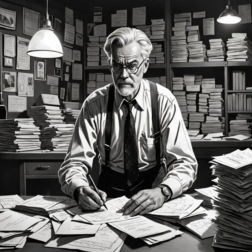 a man sitting at a desk with lots of papers on it and a lamp hanging above him and a lot of papers on the desk, Edwin Georgi, academic art, an ultrafine detailed painting, edward hopper and james gilleard