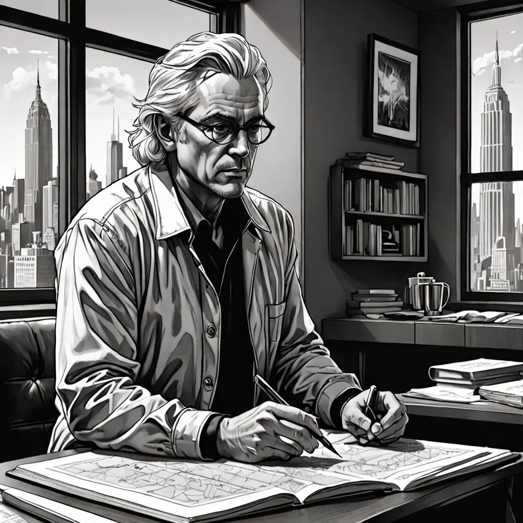 a man sitting at a desk with a book and pen in his hand and a city view out the window, Christo, academic art, an ultrafine detailed painting, graphic novel