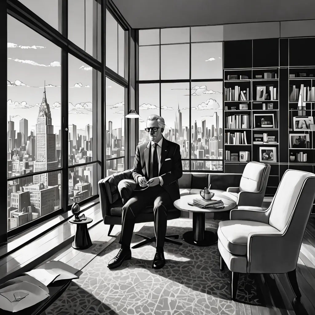 a man in a suit sitting in a chair in a room with a view of the city outside the window, Alson S. Clark, modern european ink painting, an ultrafine detailed painting, edward hopper and james gilleard