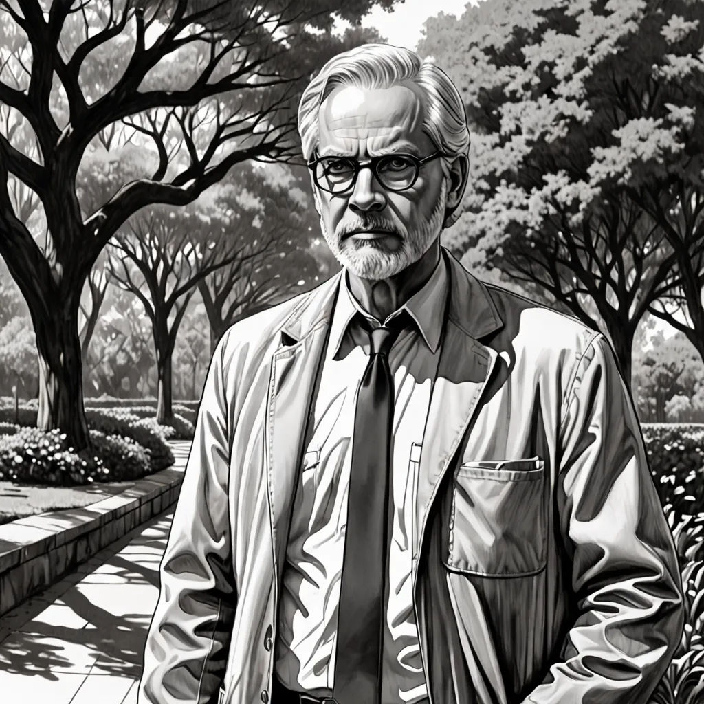 a man in a jacket and tie standing in a park with trees and bushes behind him, in a black and white drawing, David Palumbo, american realism, an ultrafine detailed painting, laurie greasley