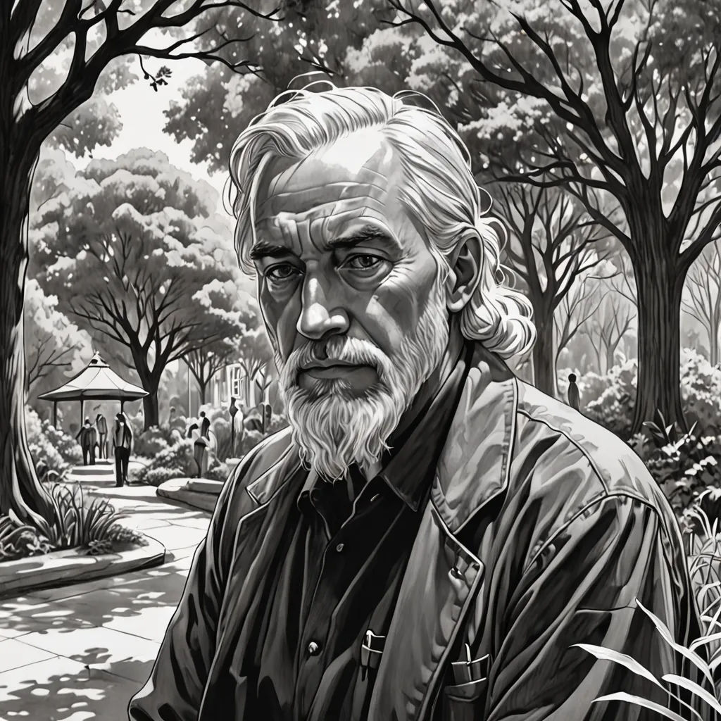 a man with a beard and a beard standing in front of trees and a bench in a park with a gazebo, Drew Struzan, precisionism, a character portrait, michael kaluta