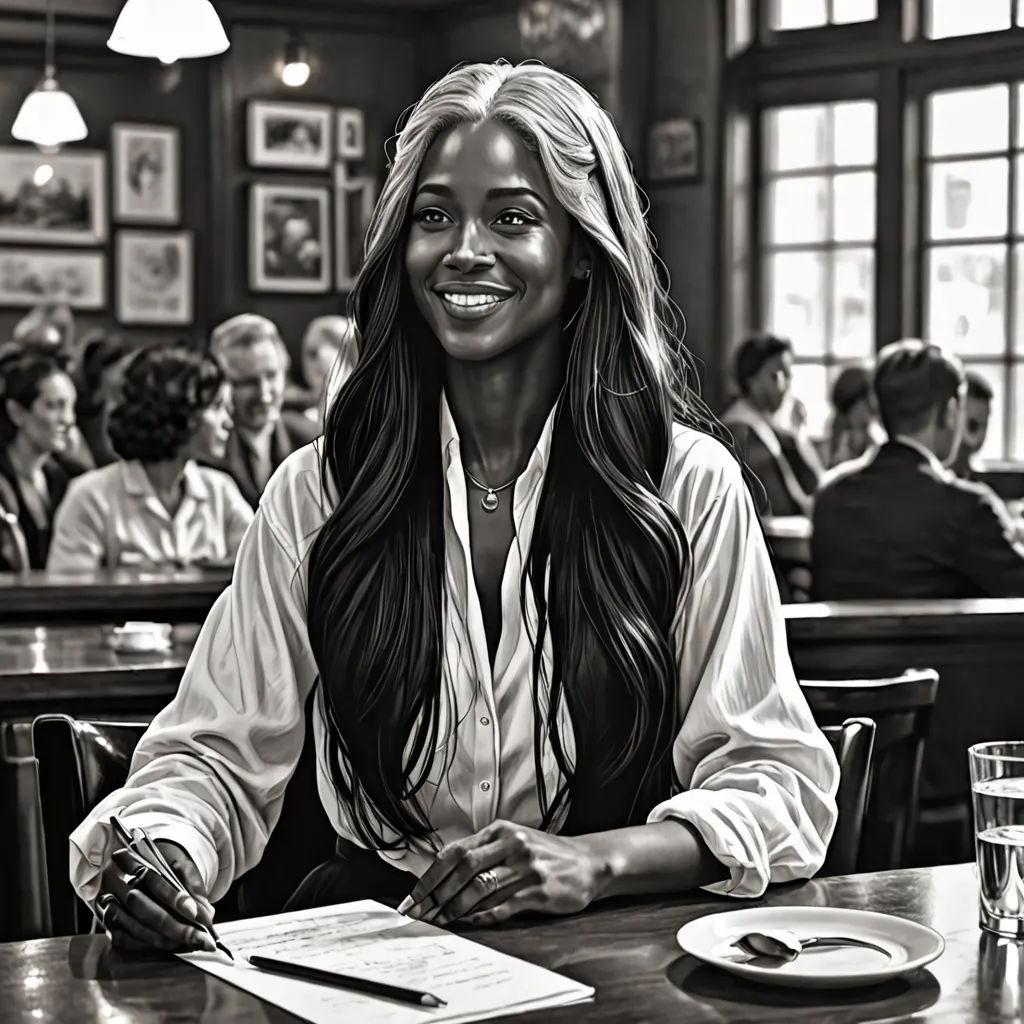 a woman sitting at a table in a restaurant smiling for the camera with a lot of people in the background, Annie Leibovitz, modern european ink painting, a black and white photo, promotional image