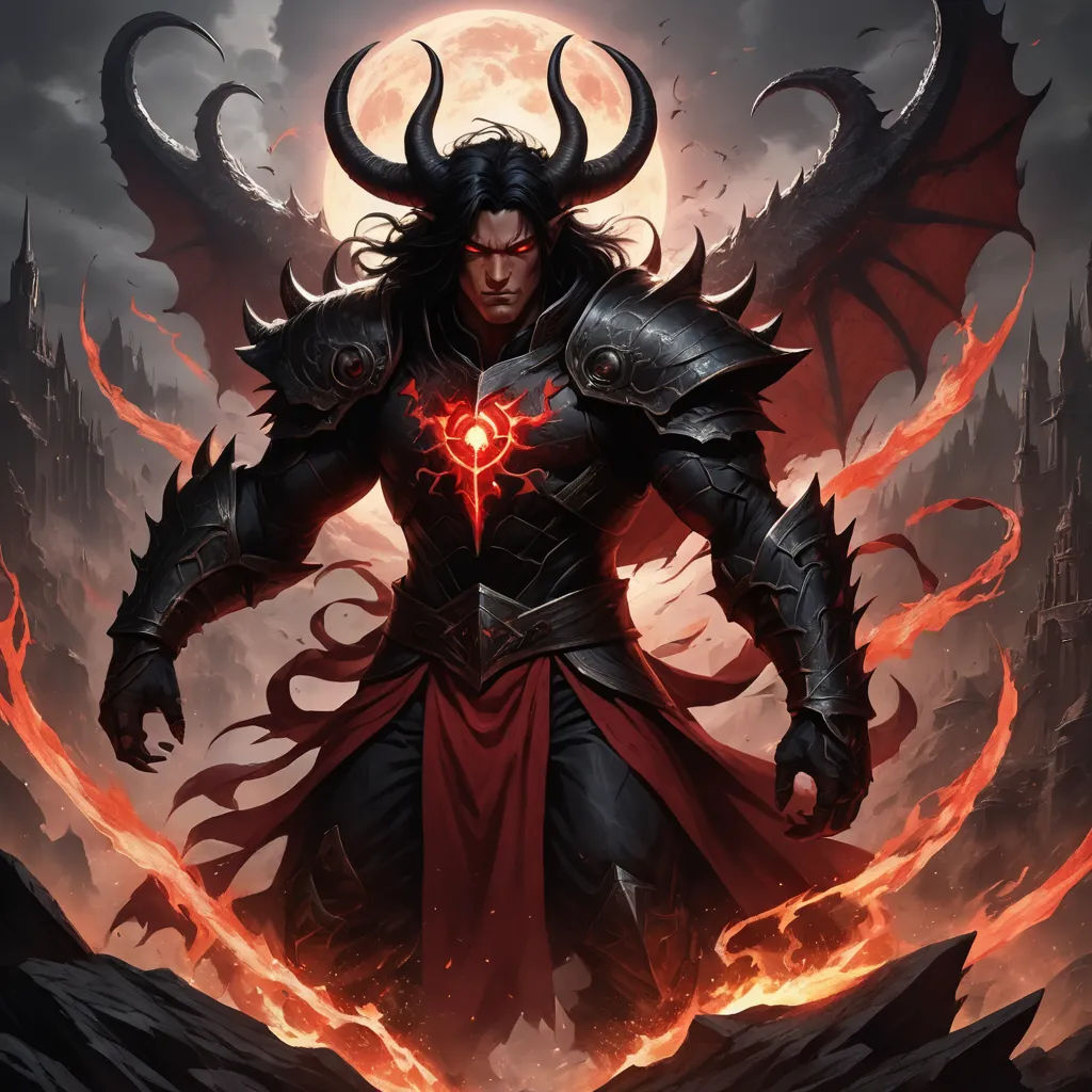 a man with horns and a demon like outfit standing in front of a full moon and flames background with a demon like outfit on, fantasy art, a detailed painting, Anne Stokes, magic the gathering artwork
