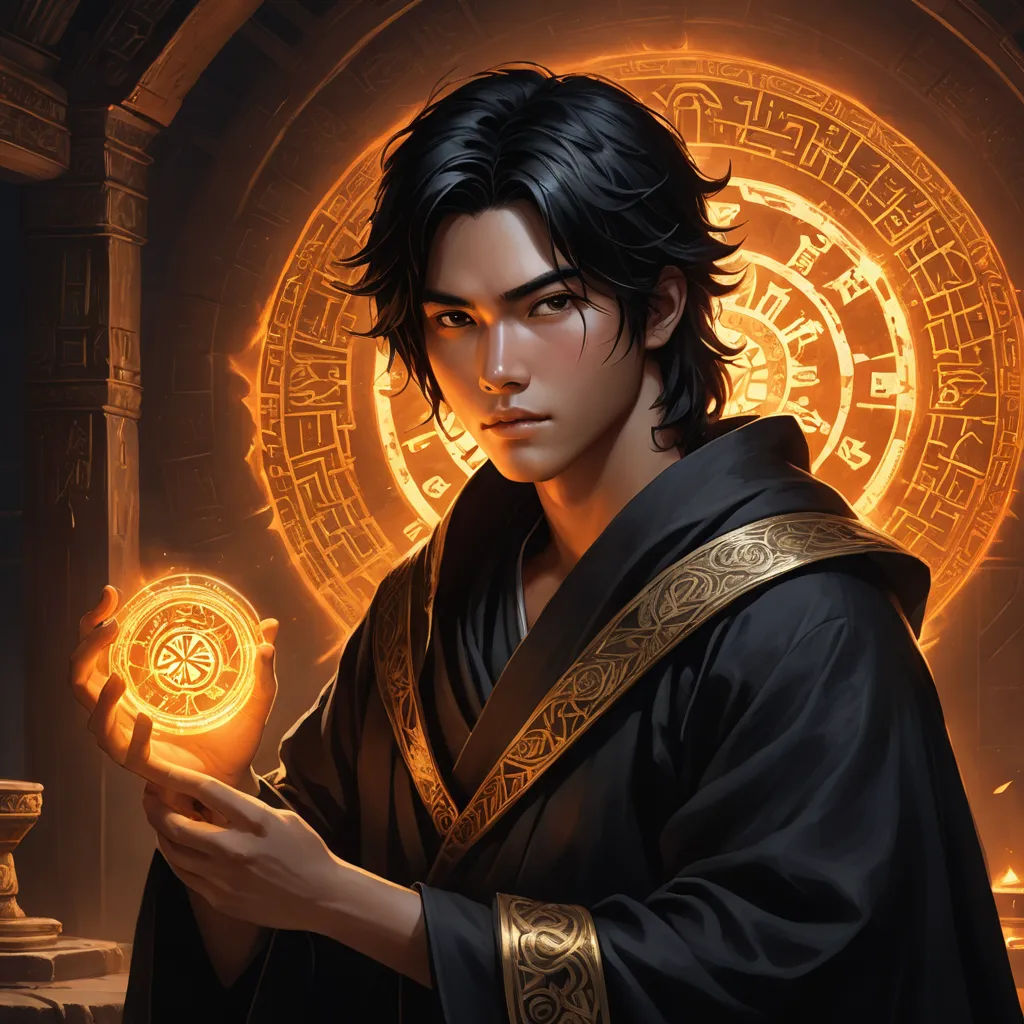 a man in a black robe holding a glowing orb in his hand and a golden clock in the background, fantasy art, a character portrait, Dai Jin, epic fantasy character art