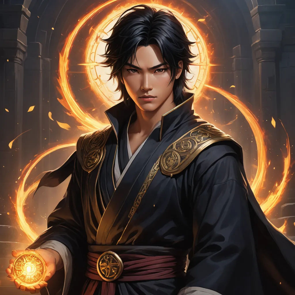 a man in a black robe holding a glowing ball of fire in his hand and a ring around his neck, fantasy art, a character portrait, Du Jin, official art