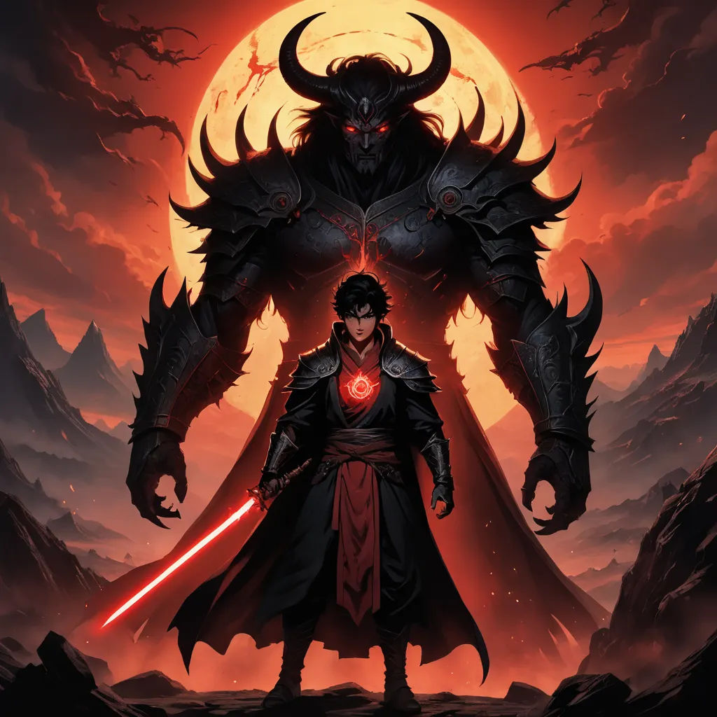 a man in a red cape holding a sword in front of a giant demon with a glowing eye on his chest, fantasy art, concept art, Adam Manyoki, comic cover art