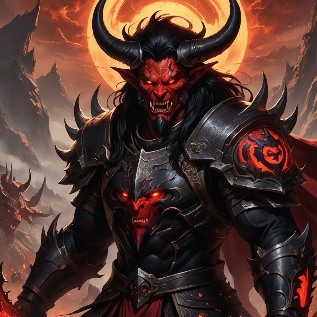 a demonic demon with horns and a red demon face on his chest and chest, standing in front of a full moon, fantasy art, a detailed painting, Anne Stokes, epic fantasy character art
