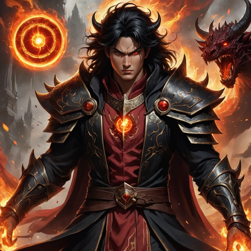a man in armor with a dragon on his shoulder and a demon on his shoulder, in front of a fire, fantasy art, a detailed painting, Anne Stokes, epic fantasy character art