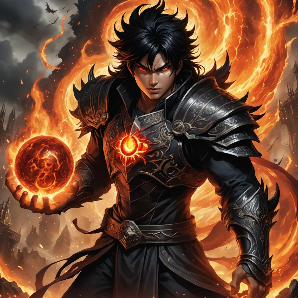a man in armor holding a ball in his hand with flames behind him and a dark background behind him, fantasy art, a detailed painting, Dai Jin, epic fantasy character art