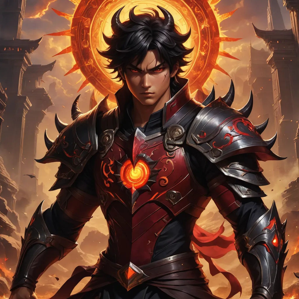 a man in armor standing in front of a fire and flames background with a halo around him and a glowing orange ball in his hand, fantasy art, a character portrait, Dai Jin, epic fantasy character art