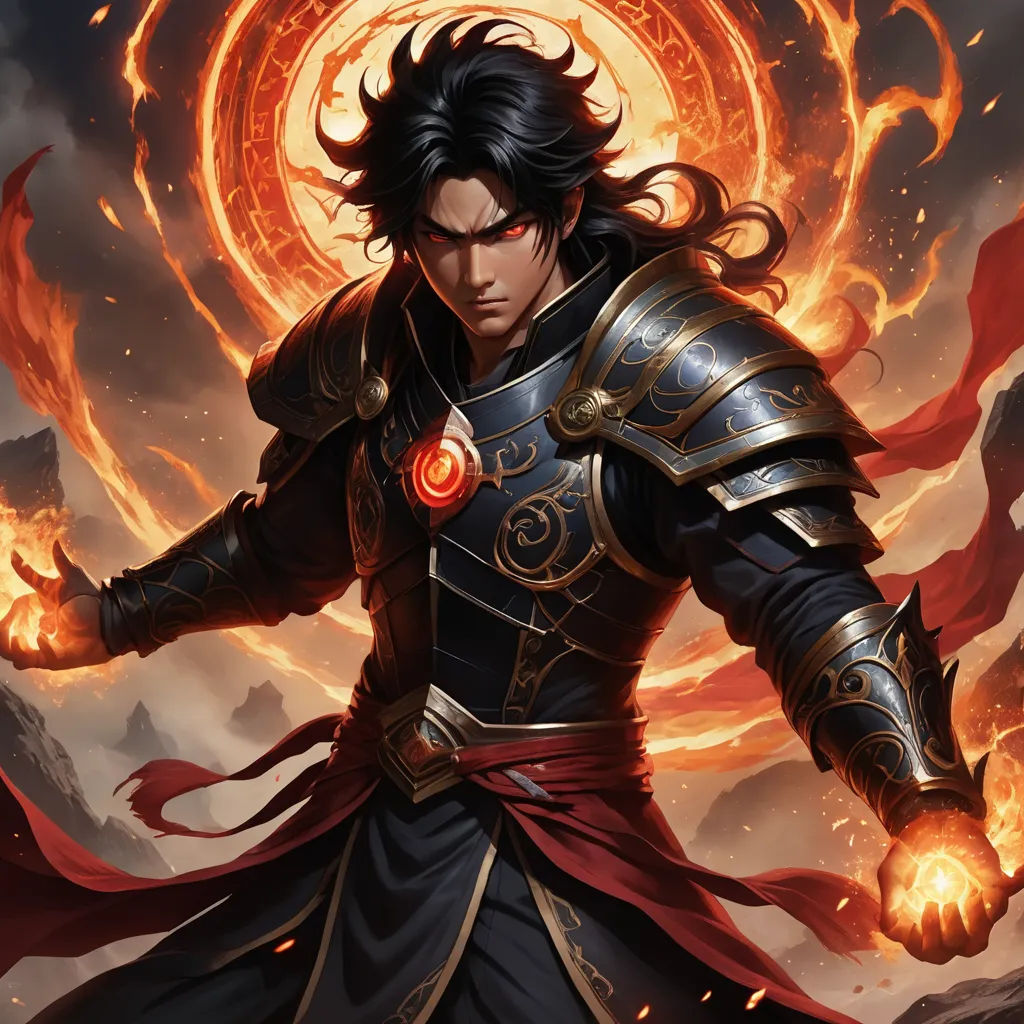 a man in armor with a sword and a flame around his neck and shoulders, with a red flame around his neck, fantasy art, a detailed painting, Du Jin, magic the gathering artwork