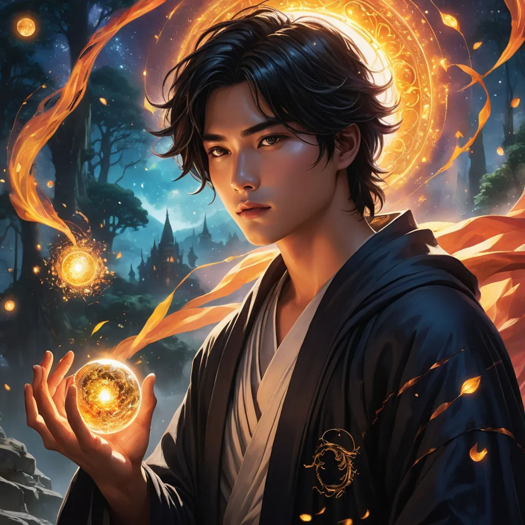 a man holding a crystal ball in his hands with a glowing orb in the background of the image,, fantasy art, a character portrait, Du Jin, rossdraws global illumination