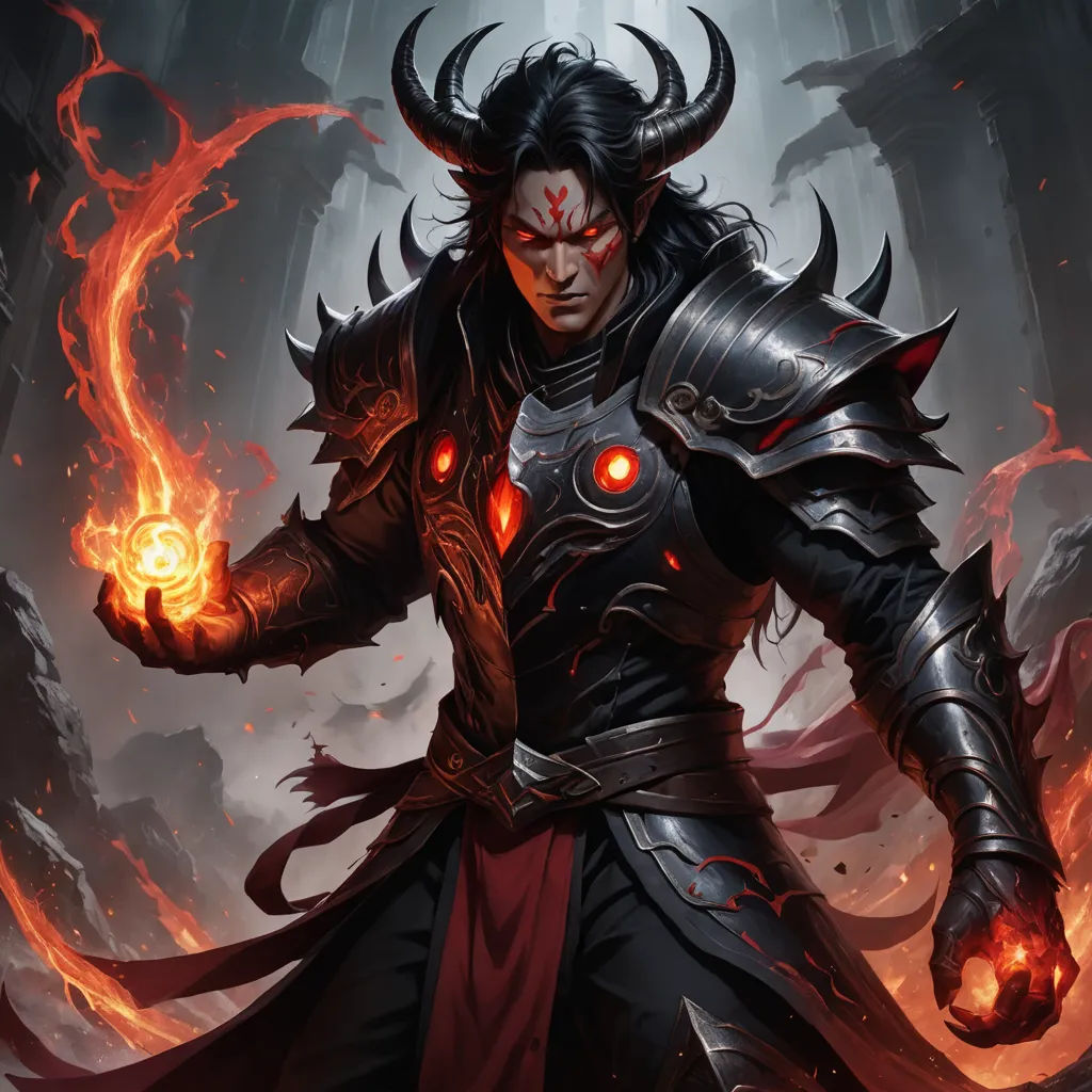 a man in armor with horns and a glowing orb in his hand, with flames around his arm and his eyes glowing, altermodern, a detailed painting, Clint Cearley, magic the gathering artwork