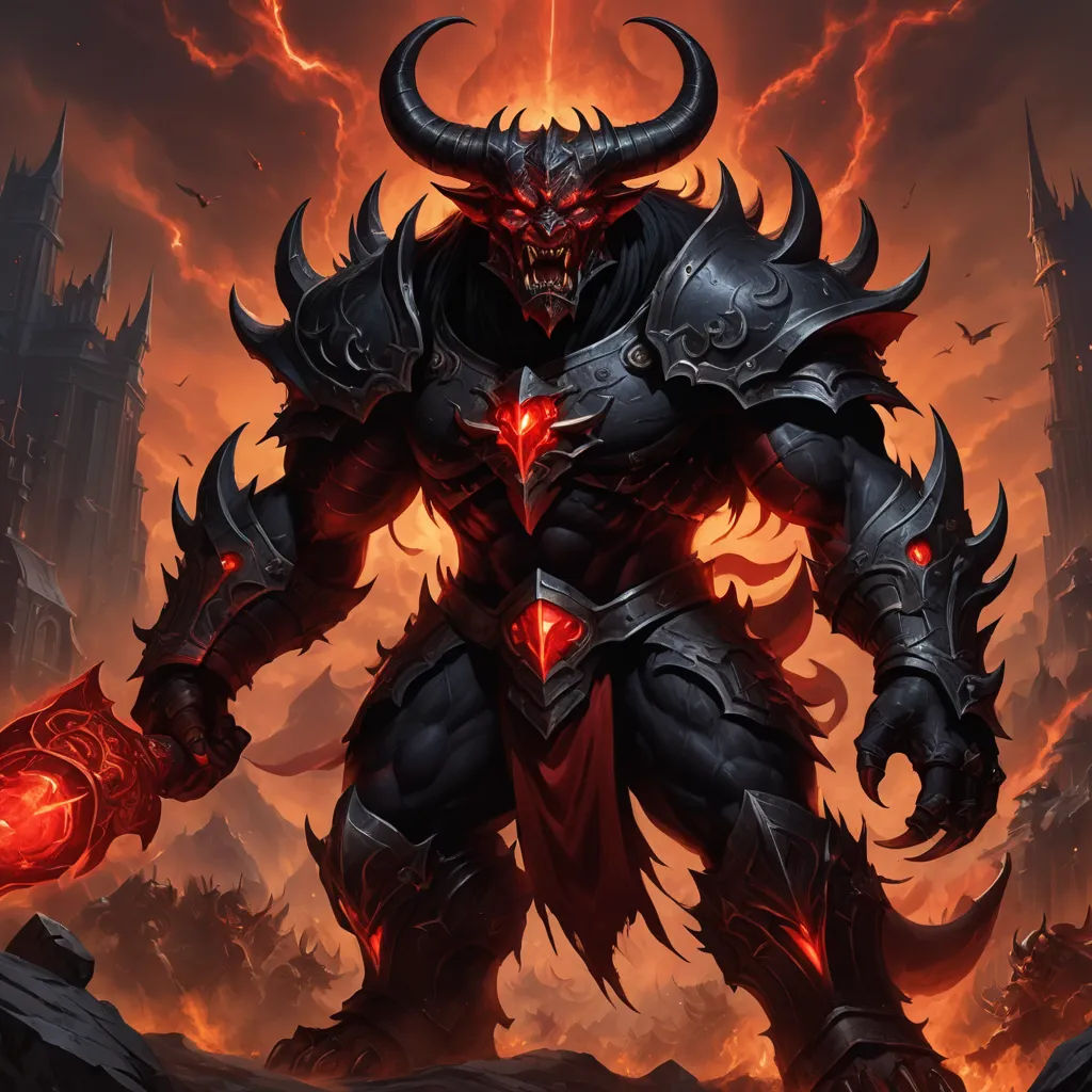 a demonic demon with horns and a huge red eye on his face, standing in front of a demonic castle, fantasy art, concept art, Anne Stokes, dark fantasy art