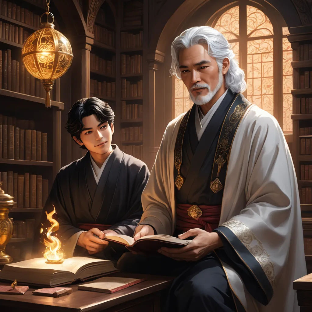 a man sitting next to a boy in a library reading a book and holding a lit candle in his hand, fantasy art, a storybook illustration, Dai Jin, official art
