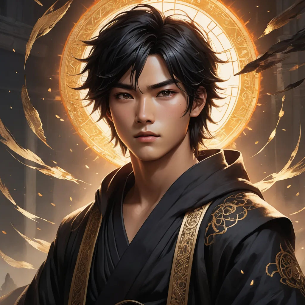 a man with a black robe and a golden circle behind him is a golden circle with a black robe and a black robe, fantasy art, a character portrait, Du Jin, epic fantasy character art