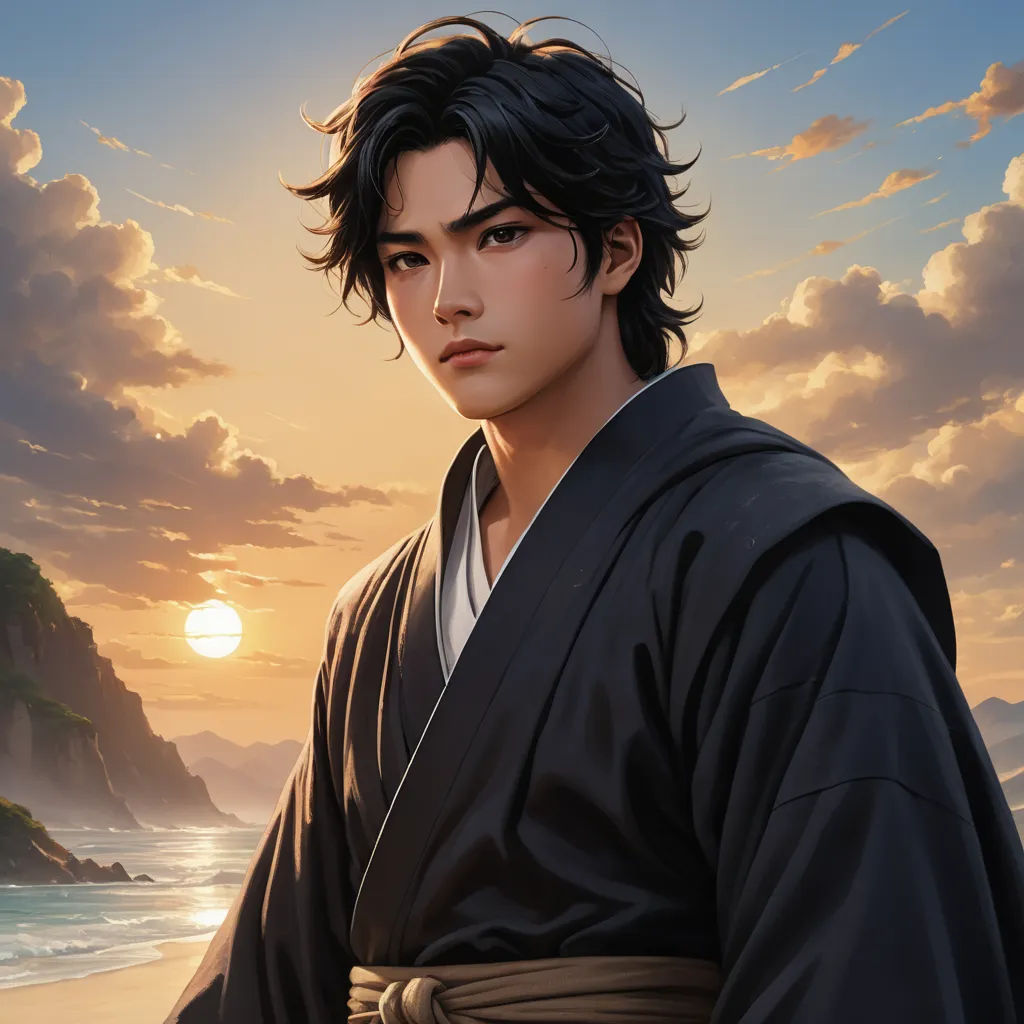a man in a kimono standing on a beach at sunset with a mountain in the background and a body of water in the foreground, sots art, a character portrait, Du Jin, official art
