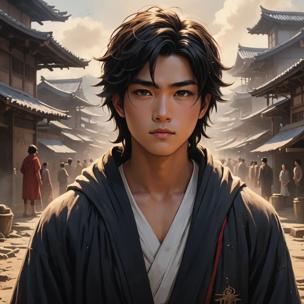 a man in a kimono standing in front of a building with a sky background and people in the background, fantasy art, a character portrait, Du Jin, rossdraws global illumination