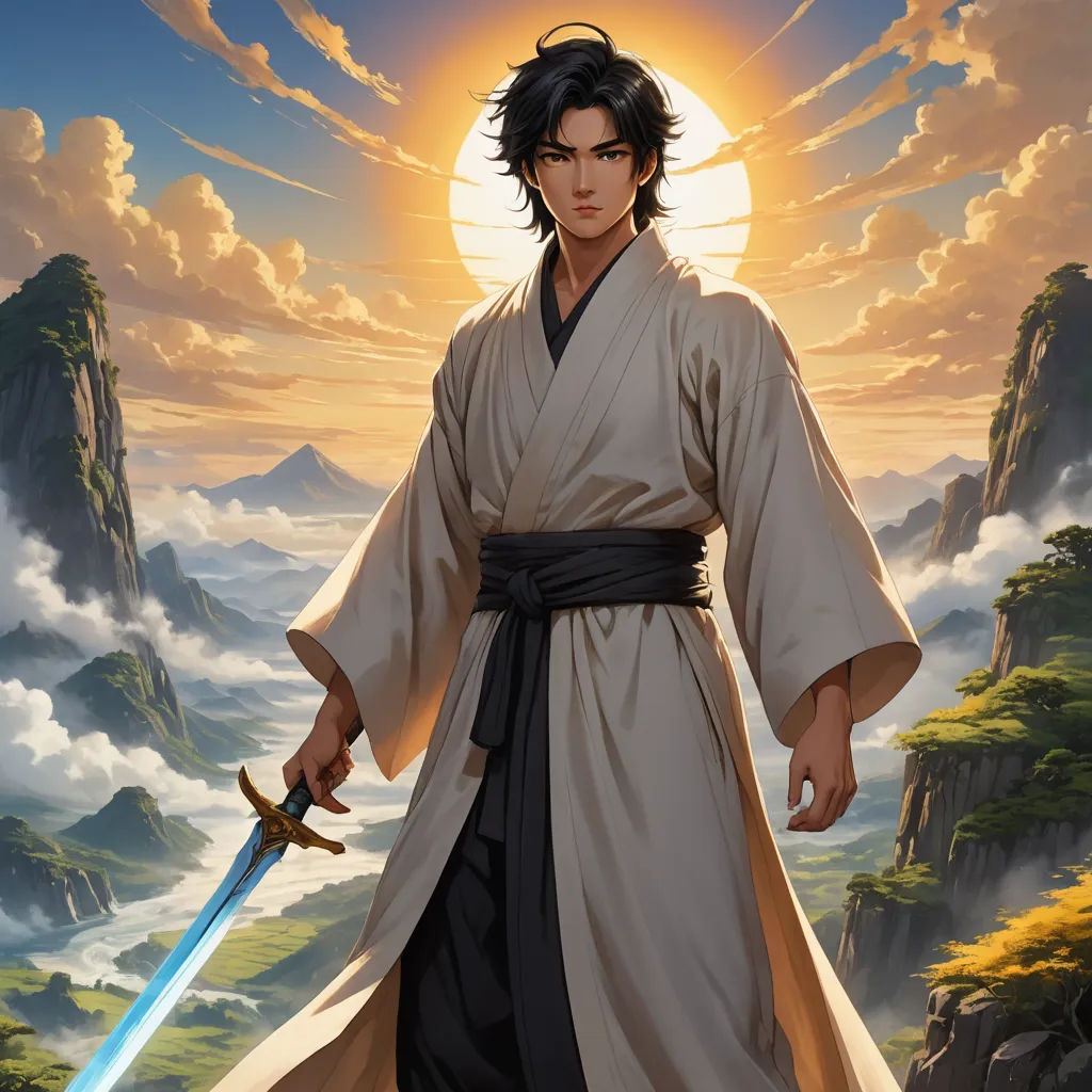 a man in a kimono holding a sword in front of a mountain landscape with clouds and a sun, fantasy art, a character portrait, Dai Jin, official art