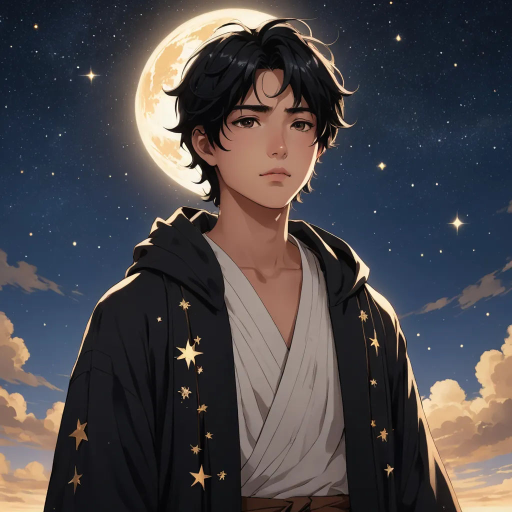 a young man with a hoodie on standing in front of a full moon and stars sky with clouds, dau-al-set, a character portrait, Du Jin, official art