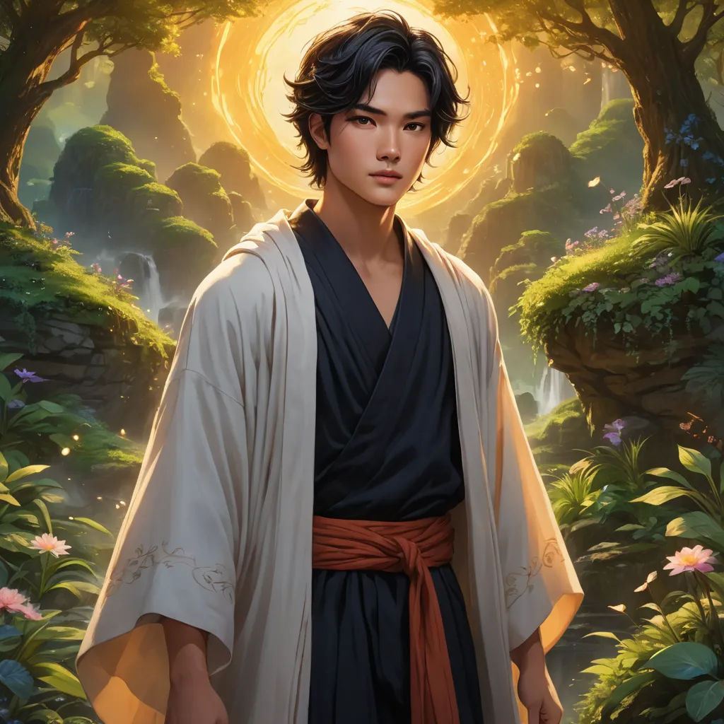 a man in a robe standing in a forest with a halo above his head and a sun above his head, fantasy art, a character portrait, Du Jin, official art