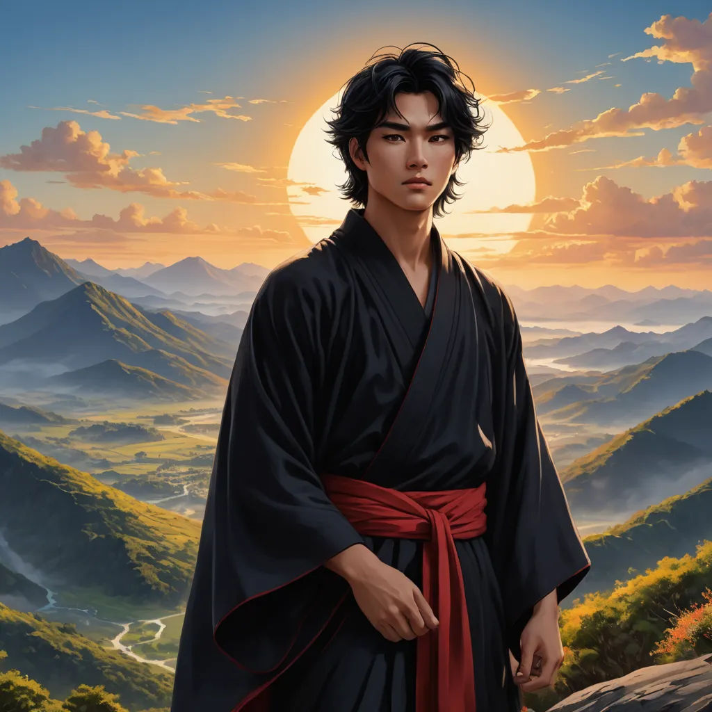 a painting of a man in a kimono standing in front of a mountain range with a sunset behind him, fantasy art, a character portrait, Cedric Seaut (Keos Masons), official art