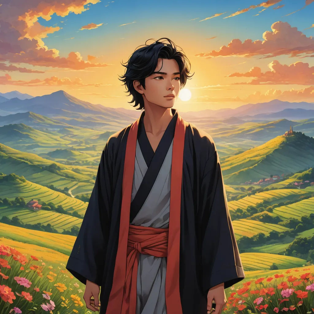a man in a kimono standing in a field of flowers with the sun setting behind him and hills in the distance, sots art, a painting, Brothers Hildebrandt, official art