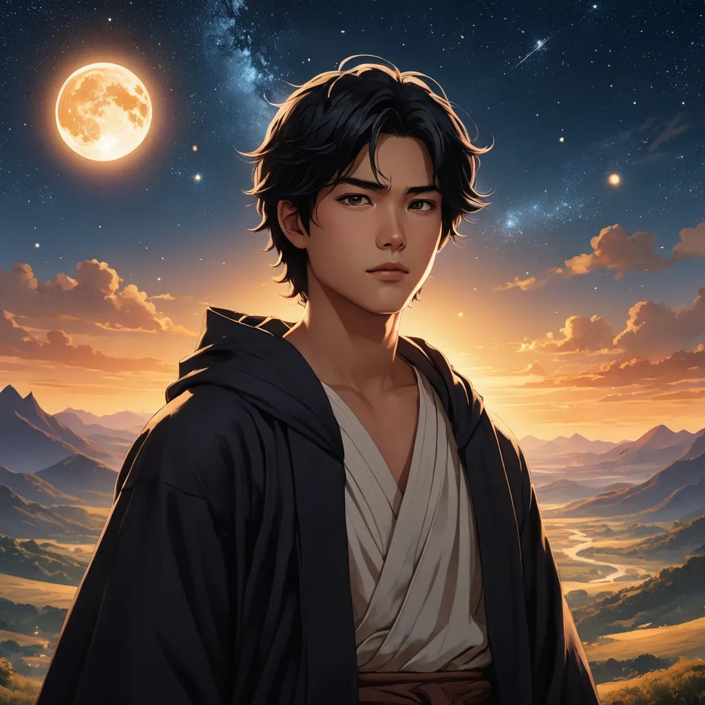 a young man in a robe standing in front of a full moon and mountains with a sky full of stars, sots art, a character portrait, Du Jin, official art