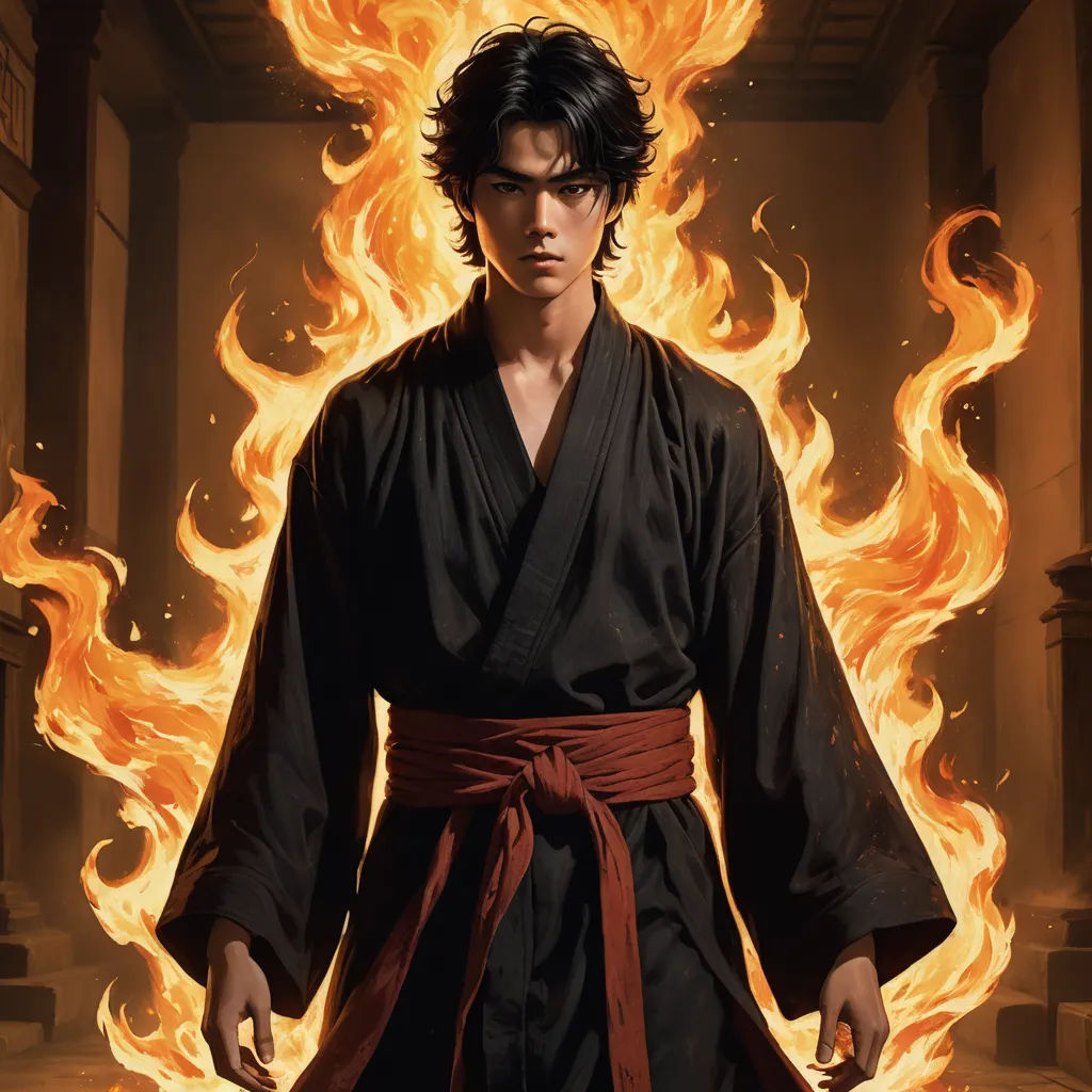 a man in a kimono standing in front of a fire filled room with a sword in his hand, fantasy art, a character portrait, Baiōken Eishun, official art