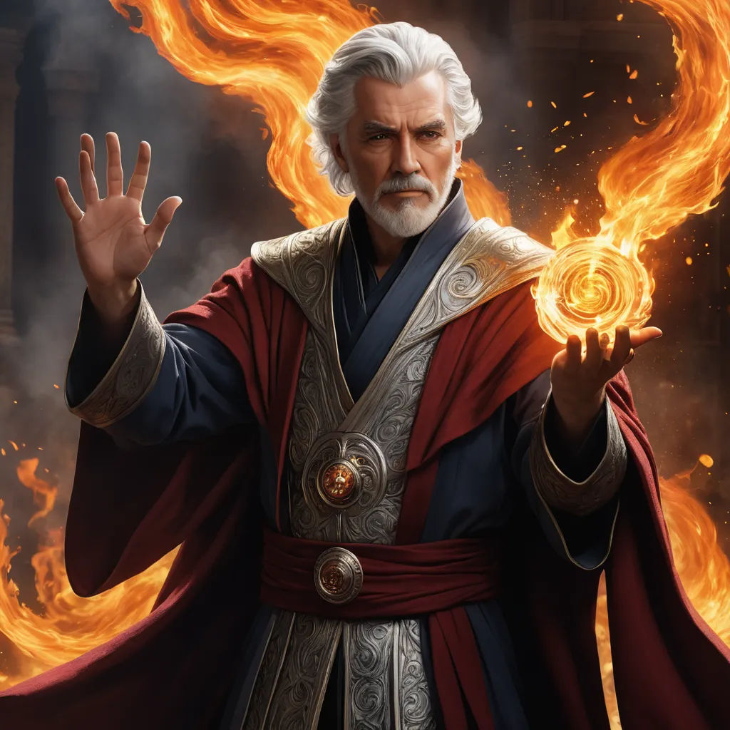 a man in a red robe holding a ball of fire in his hand and a ring in his hand, fantasy art, a detailed painting, Drew Struzan, magic the gathering artwork