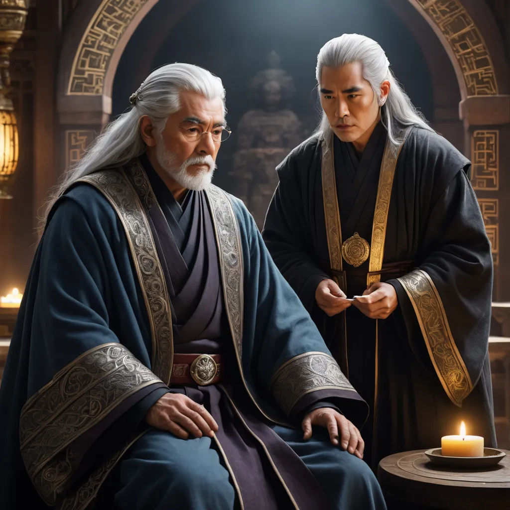 a man in a blue robe and a man in a black robe are sitting down and one is holding a candle, dau-al-set, a poster, Dai Jin, movie still