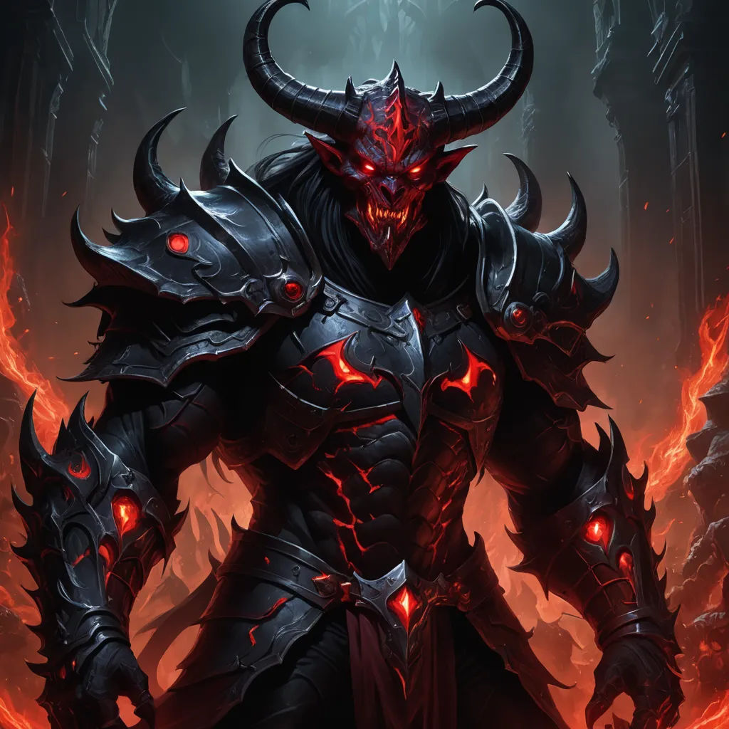 a demonic demon with horns and glowing eyes standing in a dark forest with red flames around his body and his head glowing, fantasy art, a detailed painting, Anne Stokes, dark fantasy art