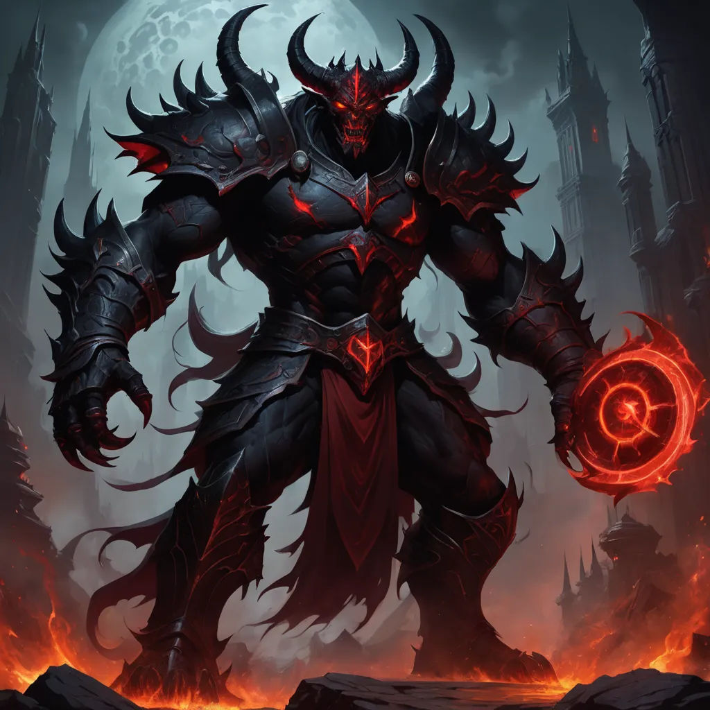 a demonic demon with horns and a ring in his hand, standing in front of a full moon and a castle, fantasy art, concept art, Anne Stokes, dark fantasy art
