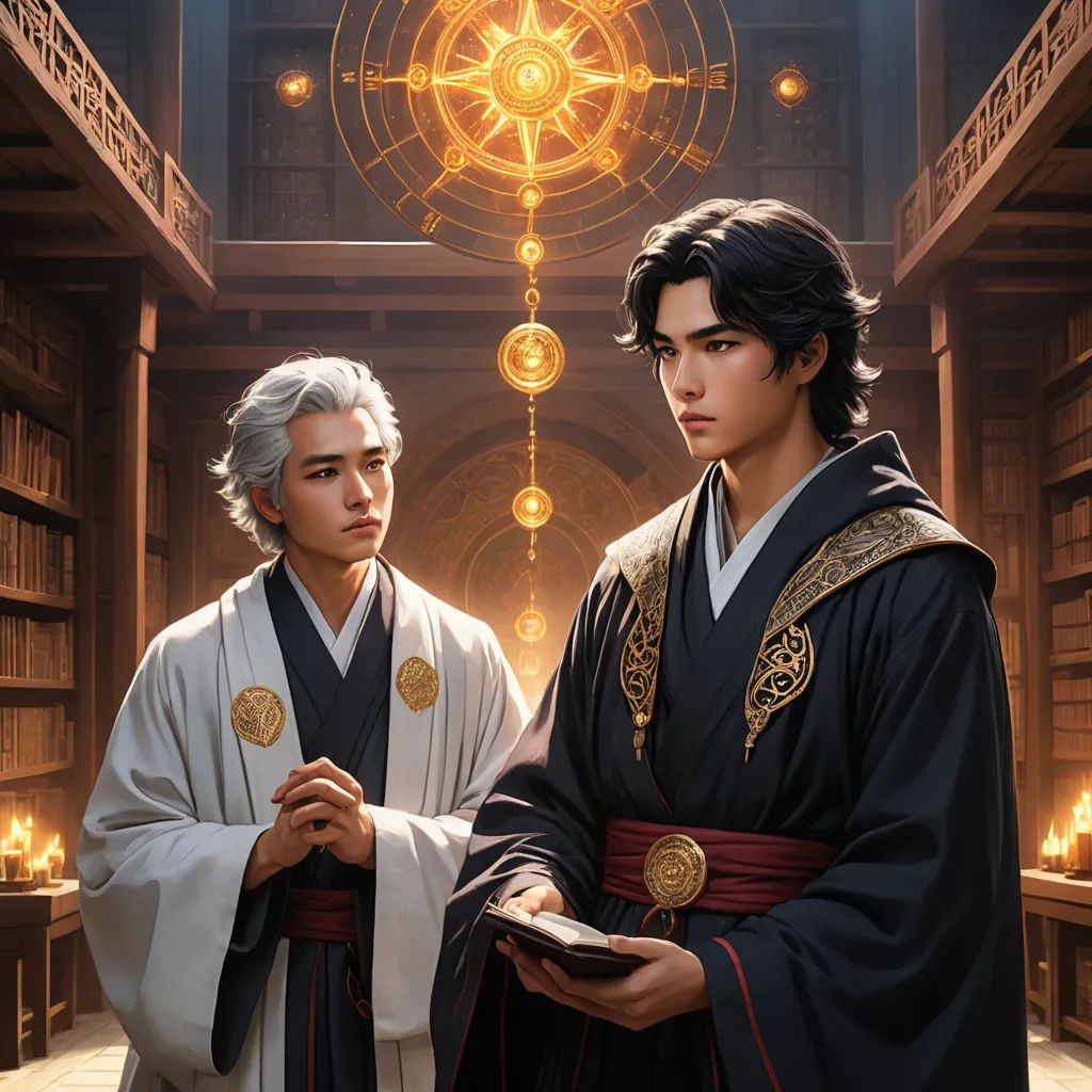 two asian men standing in a library with a star above them and a golden light above them, and a golden chandelier above them, fantasy art, concept art, Du Jin, official art