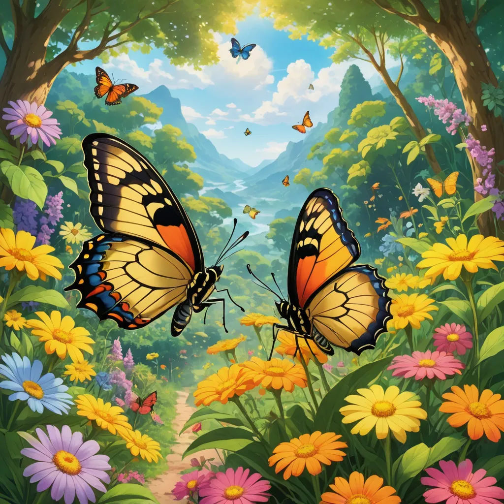 two butterflies flying over a lush green forest filled with flowers and butterflies on a sunny day with a mountain in the background, magic realism, a storybook illustration, Anne Stokes, nature