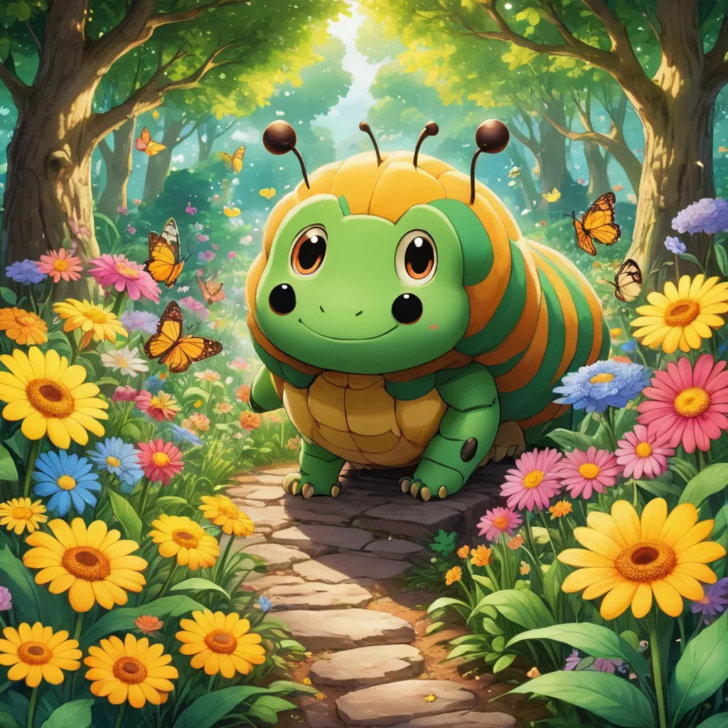 a cartoon turtle sitting on a stone path in a forest with flowers and butterflies around it, with a butterfly on its back, sots art, a storybook illustration, Chris LaBrooy, official art