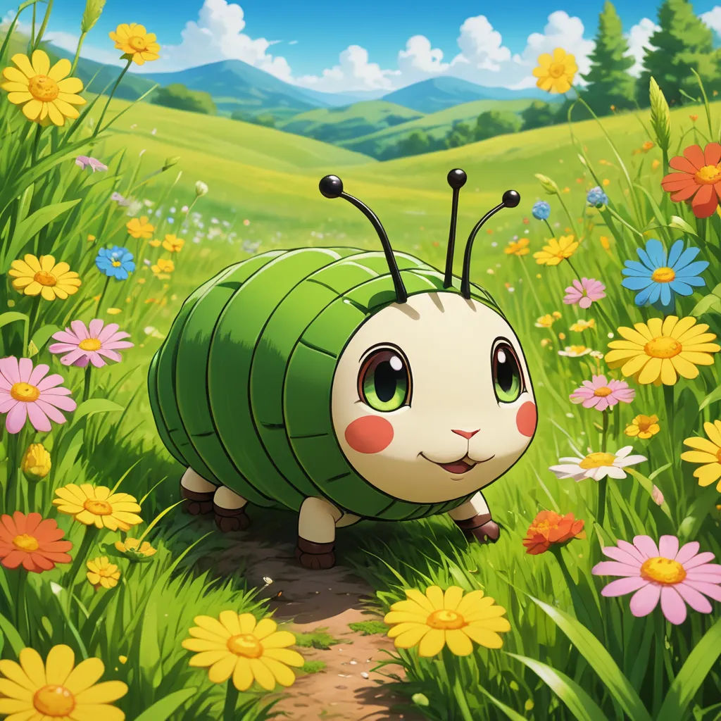 a cartoon insect walking through a field of flowers and grass with a forest in the background and a blue sky with clouds, furry art, a detailed painting, Chen Lin, official art