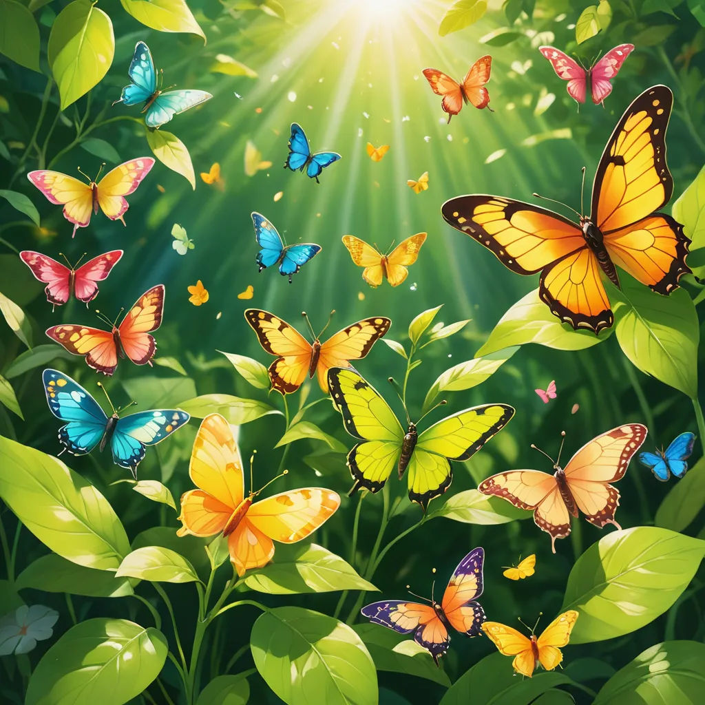 a group of butterflies flying over a lush green field with sunbeams and leaves in the background illustration, magic realism, a storybook illustration, Cyril Rolando, rossdraws global illumination