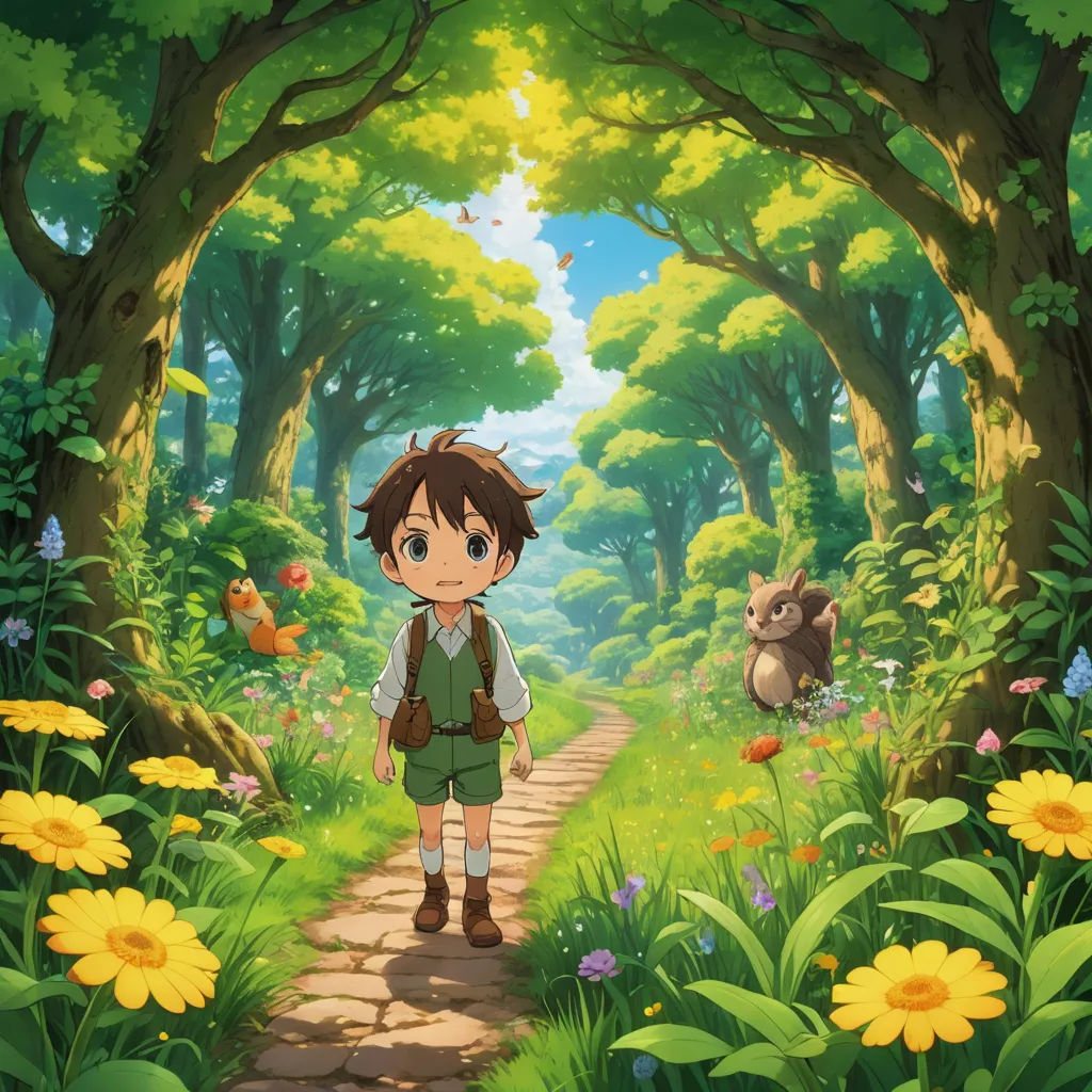 a young boy is walking through a forest with a bear and other animals in the background, and a path leading to a forest with yellow flowers, magical realism, a storybook illustration, Anne Said, official art