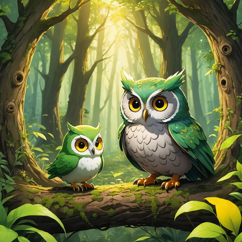 two owls sitting on a branch in a forest with sunlight coming through the trees and leaves around them,, sots art, a storybook illustration, Chris LaBrooy, game art