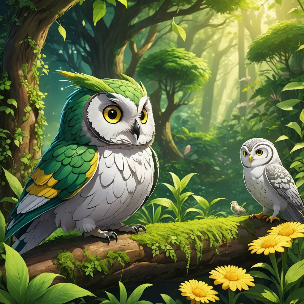 two owls sitting on a log in a forest with flowers and trees around them, with sunlight shining through the trees, fantasy art, a storybook illustration, Chris LaBrooy, official art
