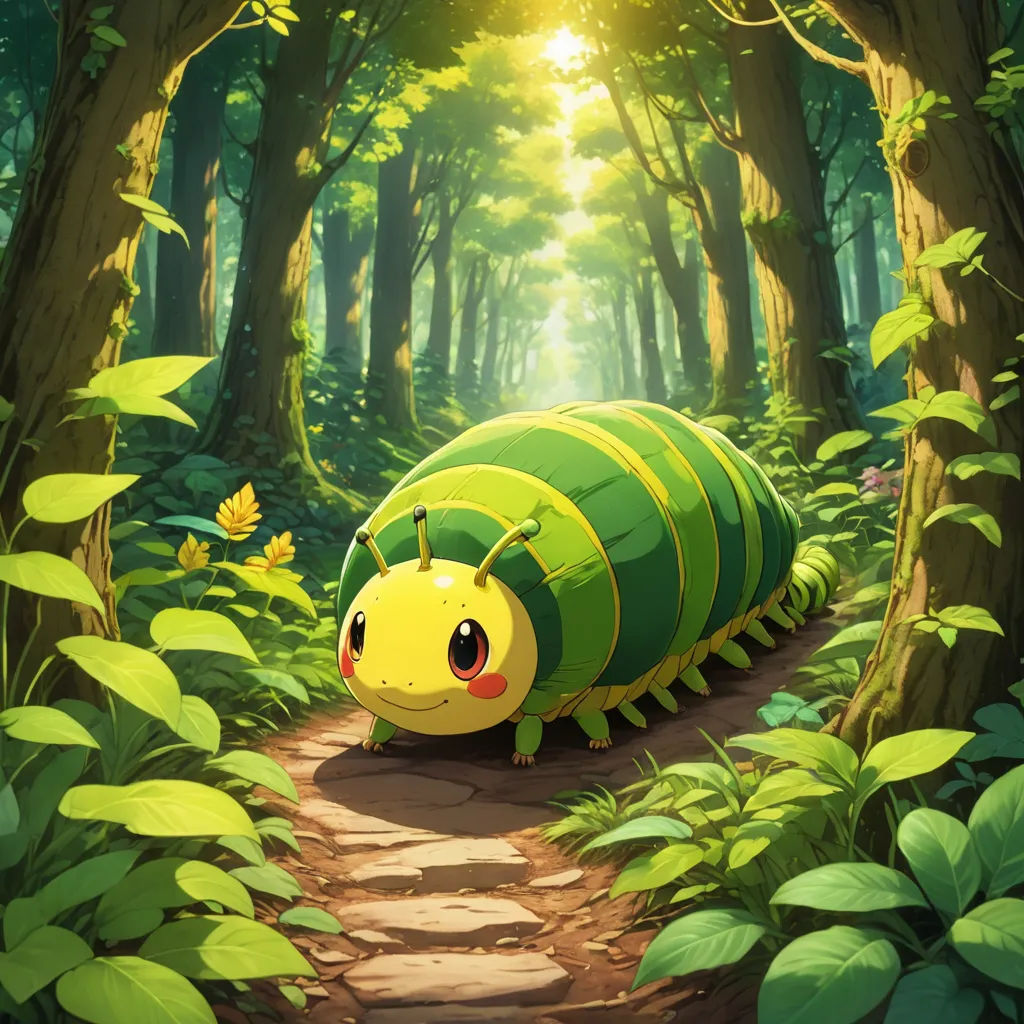 a green bug sitting on a path in a forest with green leaves and a butterfly flying overhead in the background, magic realism, a fine art painting, Chris LaBrooy, official art