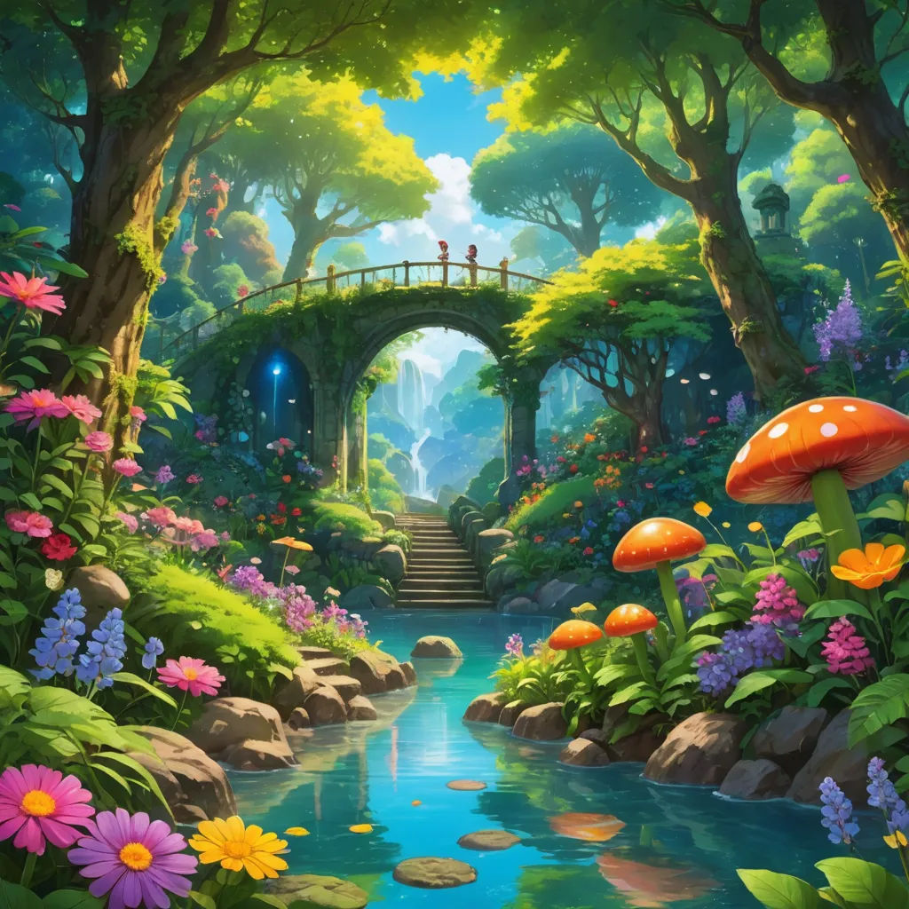 a painting of a forest with a bridge and flowers and mushrooms on the ground and a stream running through it, fantasy art, a detailed matte painting, Anne Stokes, kinkade