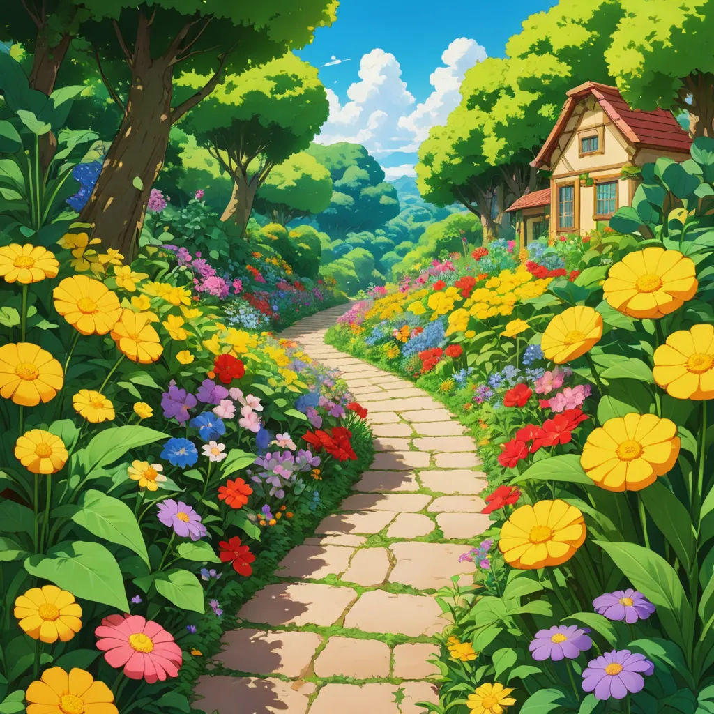 a painting of a garden with flowers and a house in the background with a path leading to the house, color field, a detailed matte painting, Chris LaBrooy, official art