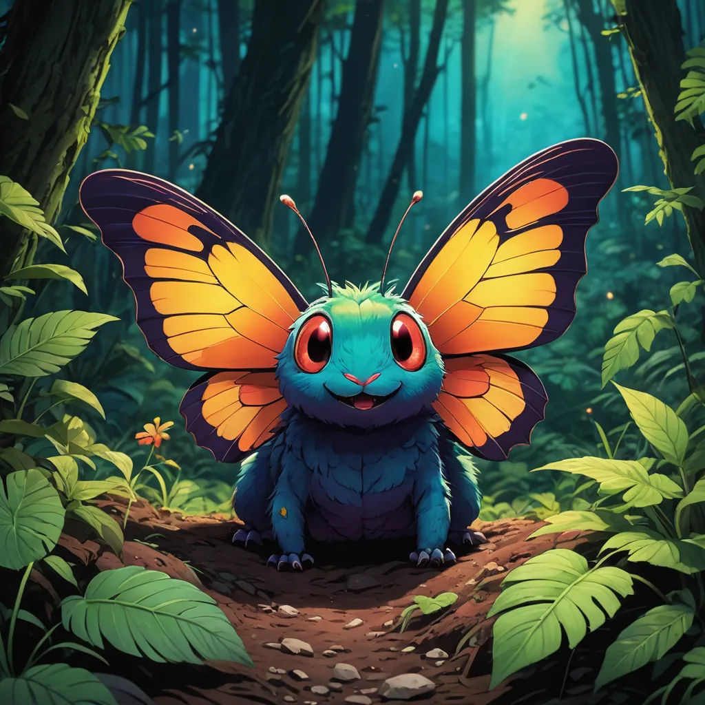 a cartoon of a butterfly sitting on a dirt path in a forest with green leaves and flowers on the ground, altermodern, poster art, Chris LaBrooy, magic the gathering artwork