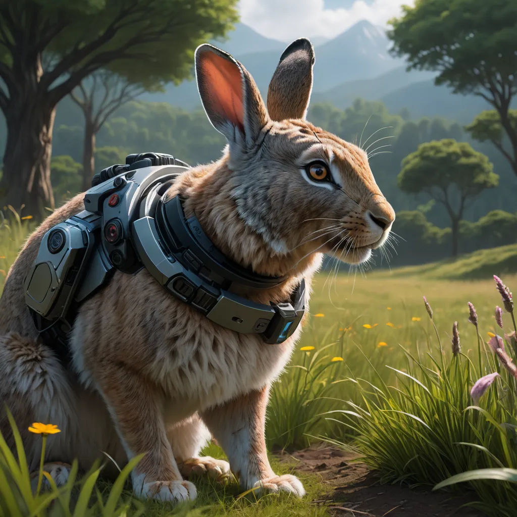 a rabbit in a harness standing in a field of grass and flowers with mountains in the background and trees, furry art, concept art, Chris LaBrooy, ultra realistic digital art