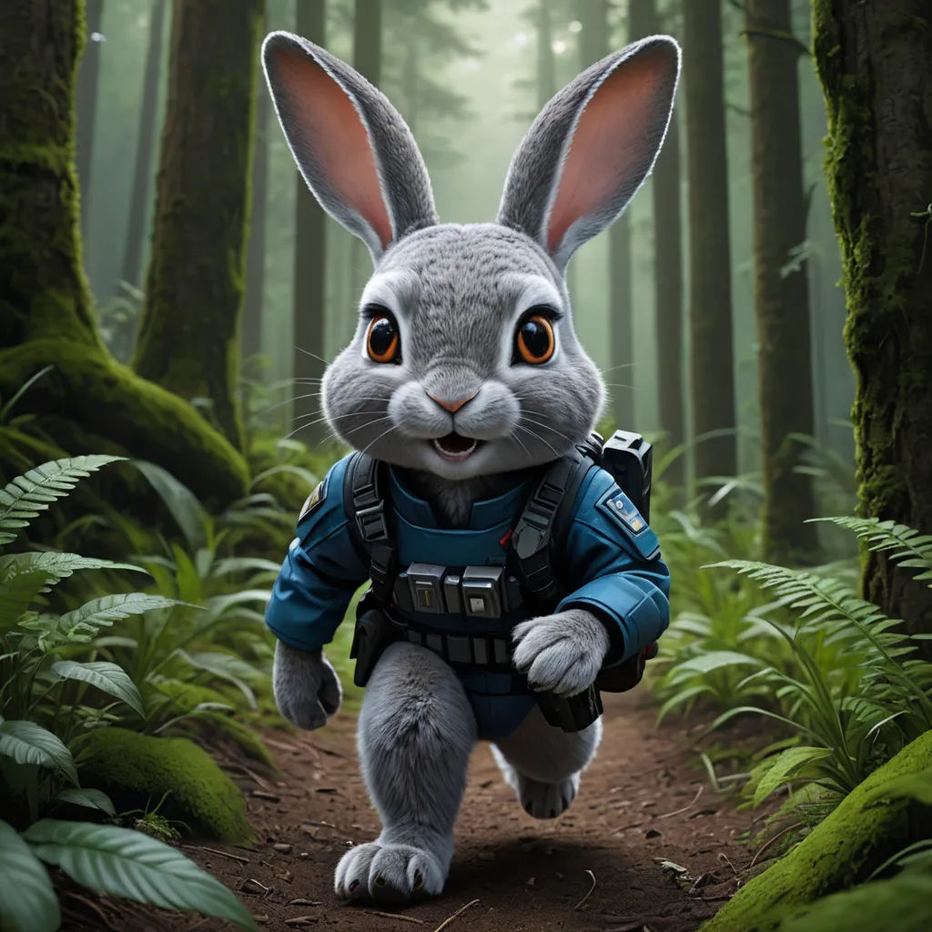 a rabbit in a blue suit is walking through a forest with ferns and ferns on the ground and a forest floor, furry art, a character portrait, Chris LaBrooy, promotional image
