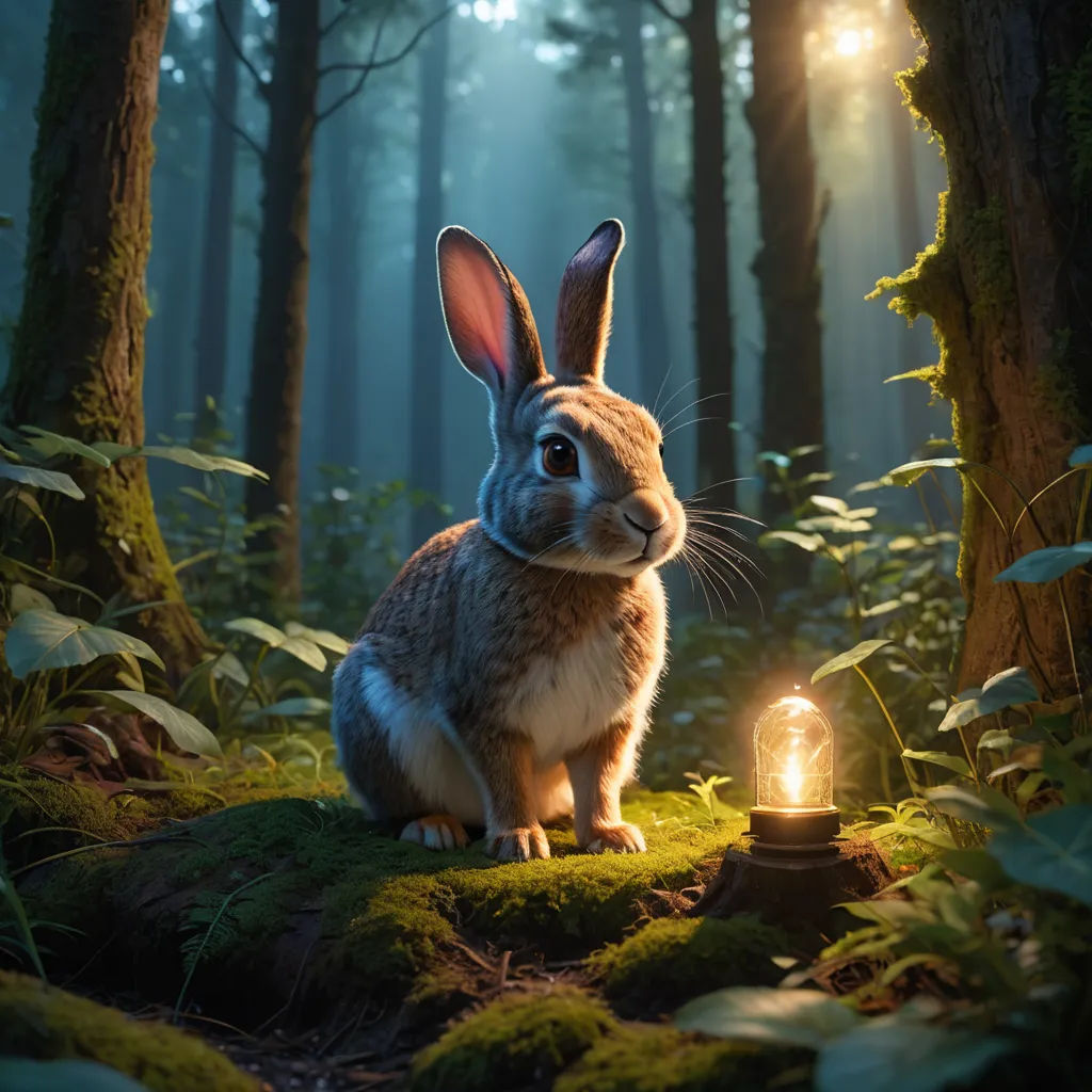 a rabbit sitting in the woods next to a light bulb in the forest with moss and trees around it, magic realism, a storybook illustration, Chris LaBrooy, rossdraws global illumination