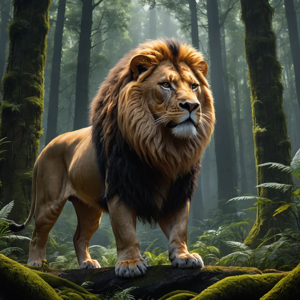 a lion standing on a rock in a forest with trees and mossy ground, with a light shining on the ground, sots art, concept art, Chris LaBrooy, promotional image